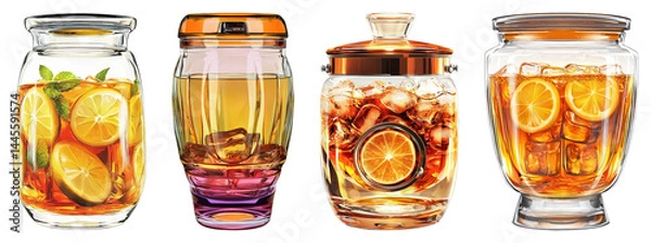 Fototapeta Colorful Jars with Refreshing Beverages and Citrus Fruit Garnish