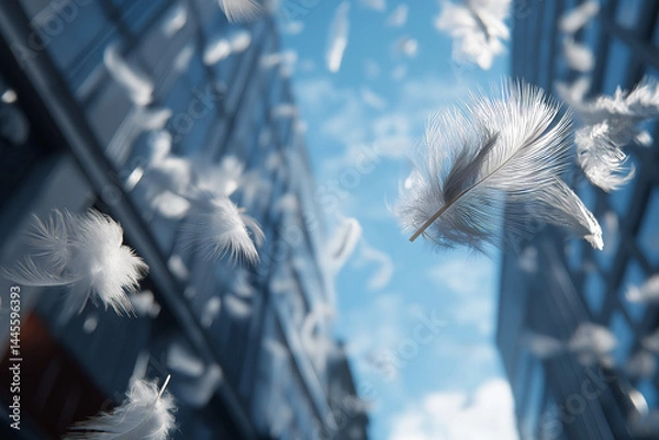 Fototapeta Feather shower blue sky modern architecture blurred background gentle descent