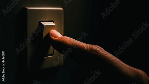 Fototapeta Finger presses light switch in dark room symbolizing eviction of darkness and notice of debt in uncertain times
