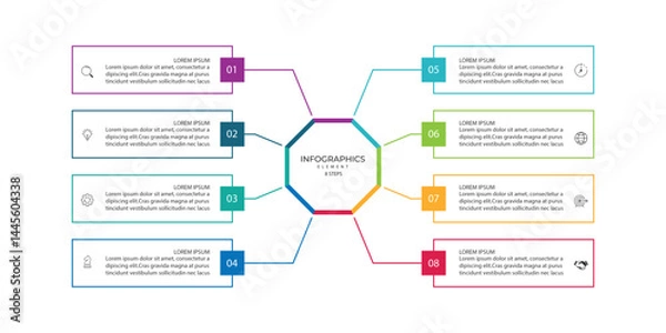 Fototapeta Business infographic design with 8 options. Vector thin line label with hexagons template.