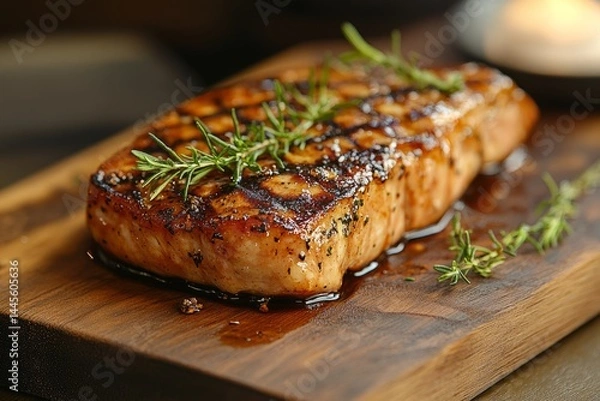 Obraz Delicious grilled tuna steak with rosemary and thyme on wooden cutting board