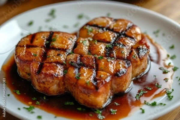 Fototapeta Two grilled pork chops seasoned with parsley and covered in a savory sauce, served on a white plate