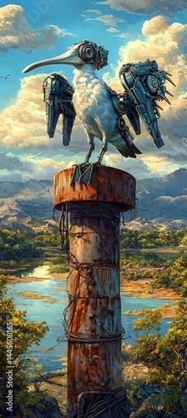 Fototapeta Shoebill with mechanical wings perched on a rusted tower above a post apocalyptic jungle reclaimed by nature