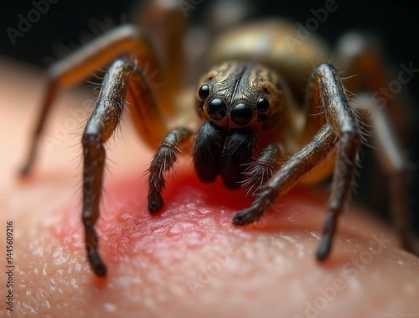 Fototapeta A jumping spider, with its distinctive markings, is seen on a person s skin.