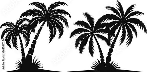 Obraz palm tree silhouette | Black and White Beach with Ocean Waves and Palm Tree| vector illustration Isolated on White Background