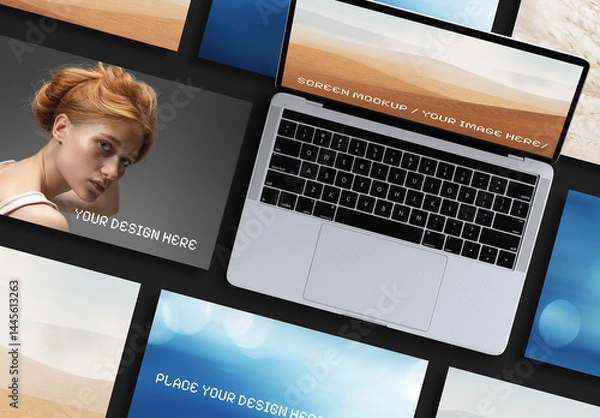 Fototapeta Laptop Mockup Multi Screen Display Interface App Web Design Flatlay Presentation