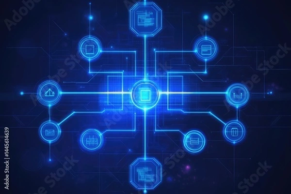 Fototapeta Modern hi-tech background with digital flowchart and neon design. AI generated illustration.