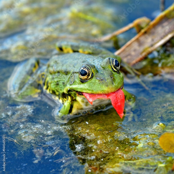 Fototapeta Marsh frog eats a tomato peel in a swampy lake