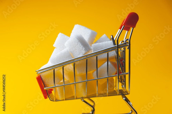 Fototapeta Small cart with sugar on a yellow background. Visualization of sugar value