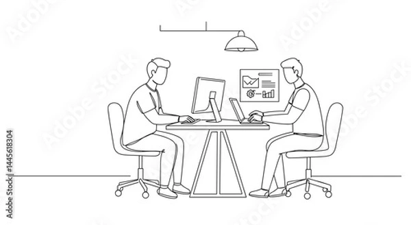 Fototapeta Two colleagues collaborating at a modern workspace  