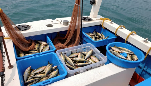 Fototapeta Freshly caught fish sorted into plastic bins on a fishing boat at sea.