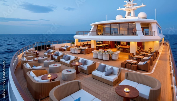 Fototapeta Luxurious yacht deck with elegant seating, ambient lighting, and ocean views at sunset, perfect for relaxation and social gatherings.