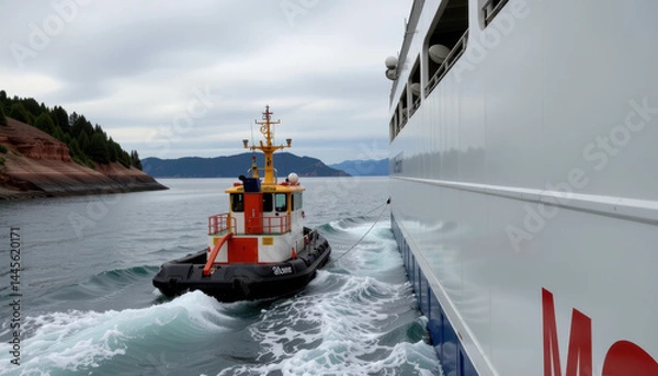 Fototapeta A small tugboat guides a large ship through calm waters near a rocky shoreline under an overcast sky.