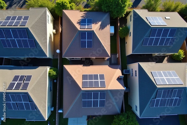 Obraz A bird's-eye view of a neighborhood with multiple houses, each featuring solar panels on their rooftops