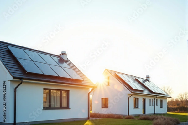 Obraz A photo of a newly constructed eco-friendly house with solar panels and energy-efficient windows