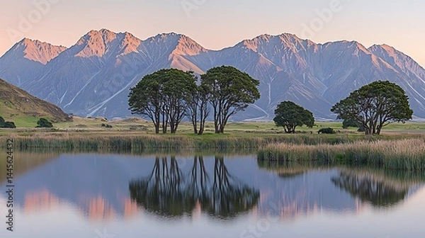Fototapeta Serene Reflections: Majestic Mountain Range Mirrored in Tranquil Lake at Sunset