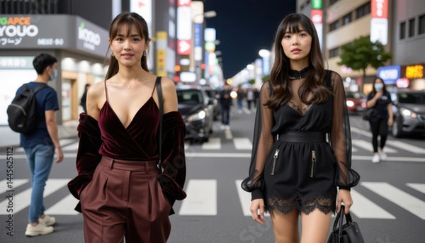 Fototapeta Two stylish women walk confidently on a busy, illuminated city street at night, surrounded by people and vibrant storefronts.