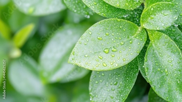 Fototapeta Dew-Covered Leaves Lush Greenery Natural Close-up High-Resolution Macro Shot Shallow Depth of Field Freshness and Vitality Garden Setting Vibrant Green Tones Ideal for Nature Websites
