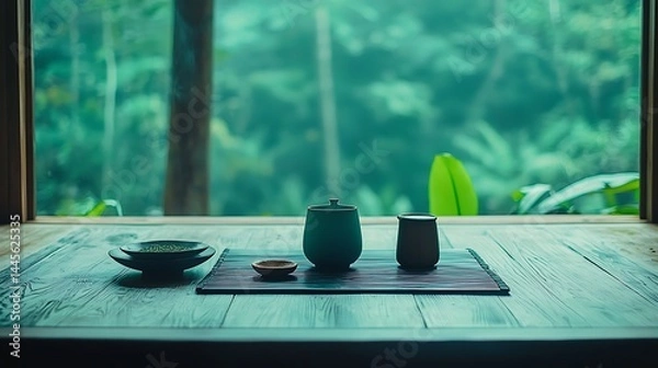 Fototapeta Tranquil Tea Ceremony by the Window: Serene Green View