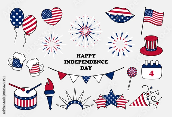 Obraz Set with national symbols of American Independence day. Cute fireworks, Uncle Sam hat, balloons, flag etc. Patriotic signs for 4th July celebration. Vector illustration