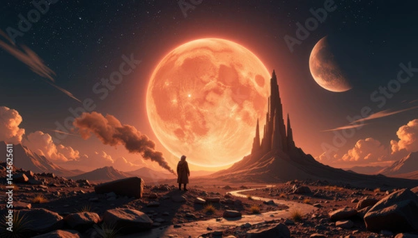 Fototapeta A lone figure stands before a surreal, fiery moonrise and towering spire in an alien landscape under a starry sky.