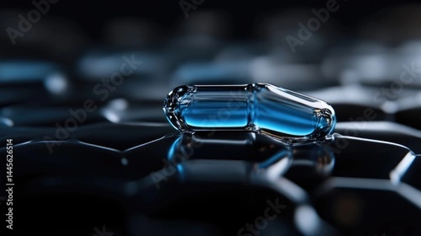 Fototapeta A translucent blue capsule rests on a dark, hexagonal surface