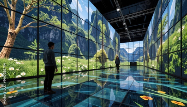 Fototapeta A man stands in a digital room with floor-to-ceiling screens displaying a lush mountain landscape and flowers.
