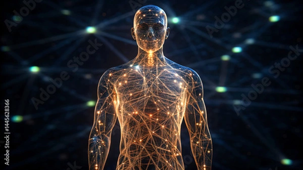 Fototapeta A glowing human figure composed of interconnected lines and nodes, symbolizing neural networks and the digital representation of the human body.