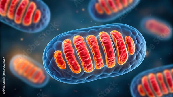 Obraz A vibrant illustration of mitochondria, showcasing their elongated, tubular structure with a colorful internal membrane, symbolizing energy production within cells.