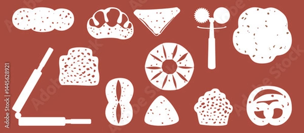 Fototapeta Bakery and fresh pastry pattern set. Collection of homemade bread, buns, baguettes, and assortments. Bakery and shop. Flat illustration vector elements. Isolated. Simple, colorful graphic background.
