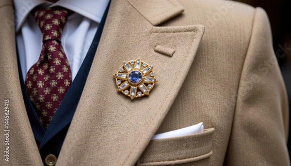 Fototapeta A close-up of a beige suit jacket with a jeweled brooch, patterned tie, and white pocket square, showcasing elegant and formal men's fashion.