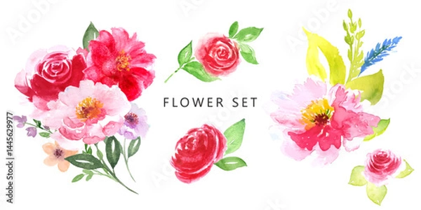 Fototapeta Collection of floral sets in watercolour style in vector. Floral decor, beautiful set.