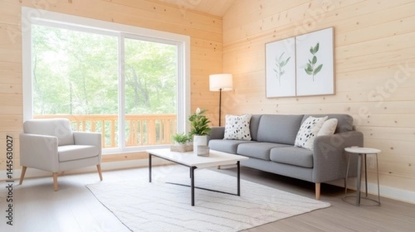 Fototapeta A cozy living room with modern grey sofa and armchair, large window with forest view, wooden walls, minimalist decor, and bright natural light.