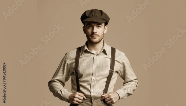 Fototapeta A man dressed in vintage clothing with suspenders and a flat cap stands against a plain background.