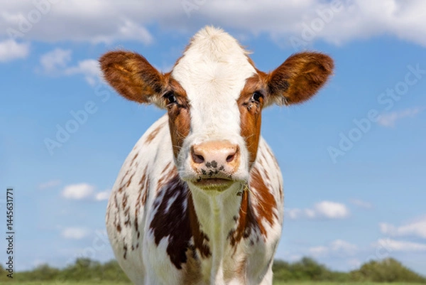 Obraz Cow head shot and pink nose,  authentic red and white eye contact and looking at camera