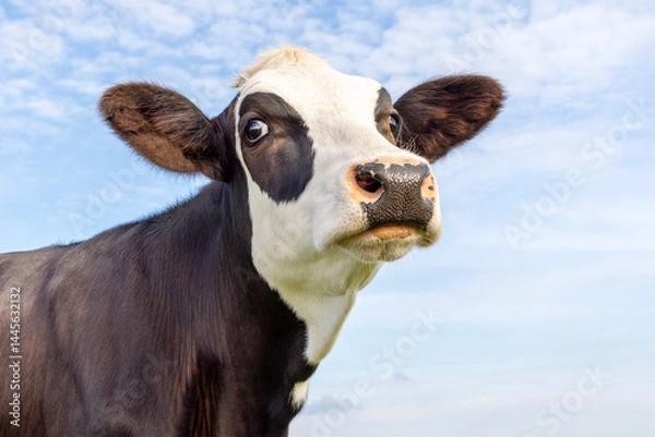 Obraz Cow looking head up, chin raised high, eye patches and eye contact, authentic brown and white, nose in the air and blue sky