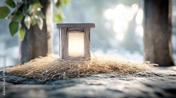 Fototapeta A small, wooden lantern sits nestled in hay on a stone surface, bathed in soft, ambient light. Tranquil, serene, and peaceful scene
