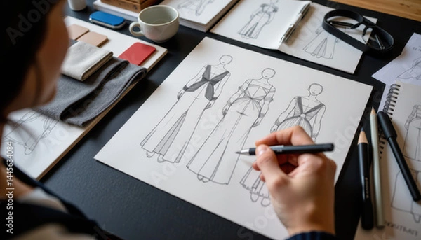Fototapeta A fashion designer sketches clothing concepts on paper surrounded by fabrics, color swatches, and design tools.