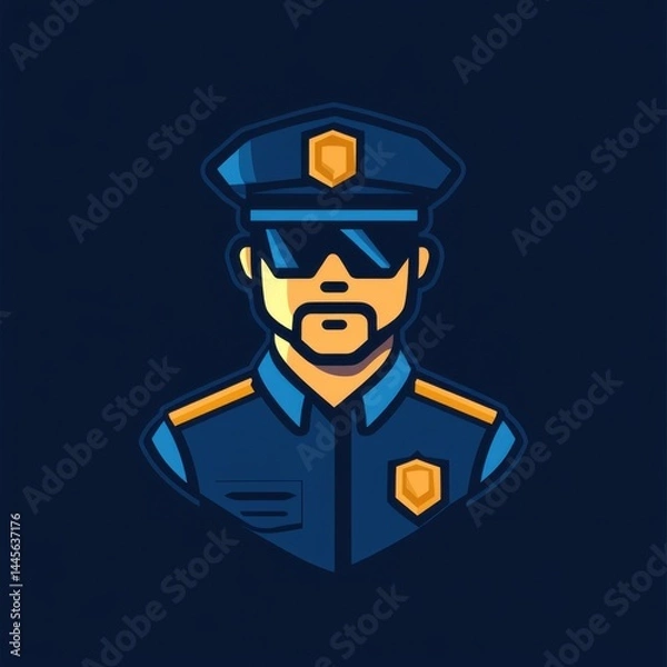 Obraz Cartoon-style police officer in uniform with sunglasses and badge on dark background, confident pose.