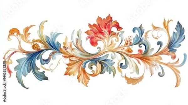Fototapeta Elegant watercolor scroll design with flourishes and leaves for decorative backgrounds and art projects