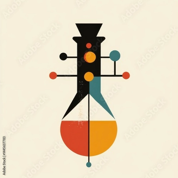 Fototapeta Chemistry flask with orange liquid, geometric shapes and circles, flat modern scientific design.