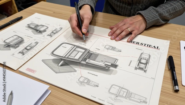 Fototapeta A person sketches a technical drawing of a modern device on paper, surrounded by pens and additional design drafts on a wooden desk.