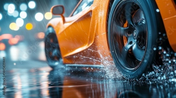 Fototapeta A close-up of the wheels and tires on an orange sports car driving through rain, splashing water in motion, with blurred city lights in the background