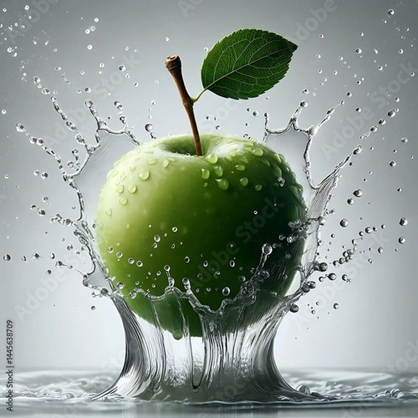 Fototapeta Fresh green apple with dynamic water splash isolated on white background for health or freshness concept