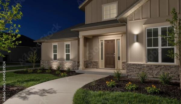 Fototapeta A well-lit modern house exterior at night with a landscaped front yard and clean walkway.