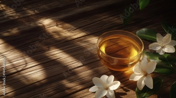 Fototapeta A cup of jasmine tea on the wooden table, with white flowers and green leaves next to it. The background is dark brown wood, with soft light illuminating the scene.