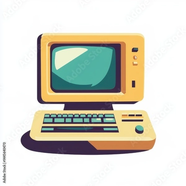 Fototapeta Vintage desktop computer with a green screen monitor and classic keyboard on a white background.