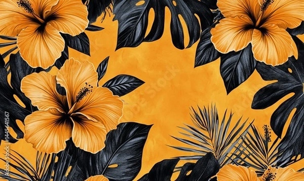 Fototapeta A pattern of hibiscus flowers and tropical leaves in an orange color scheme, showcasing a mix between vintage style and modern aesthetics. wallpaper or fabric printing.