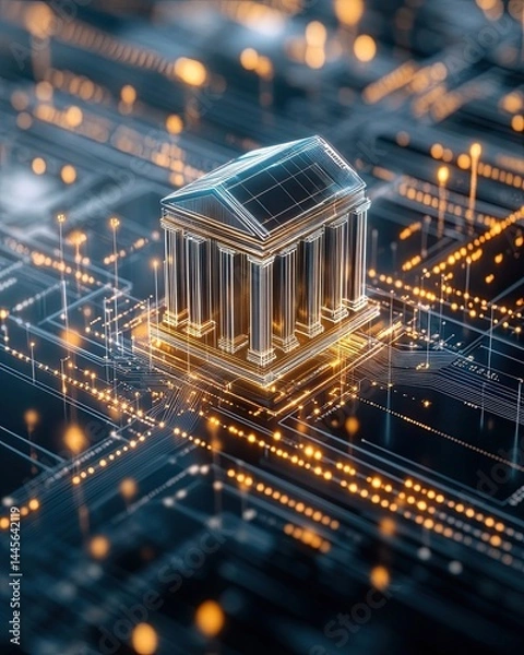 Fototapeta Ethical financial resource conservation governance strategy A digital representation of a classic building on a circuit board, symbolizing connectivity.
