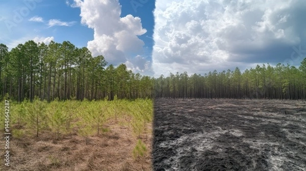 Fototapeta A photo of the left side shows a lush, green pine forest. The right half has a burned and charred black earth with a few pines standing on it, in Florida, under a cloudy sky.